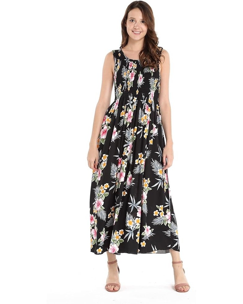 Women's Hawaiian Maxi Tank Elastic Luau Dress in Hibiscus Hibiscus Black $28.00 Dresses