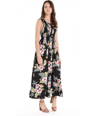 Women's Hawaiian Maxi Tank Elastic Luau Dress in Hibiscus Hibiscus Black $28.00 Dresses