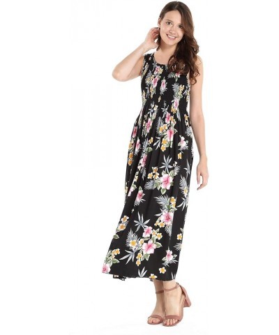 Women's Hawaiian Maxi Tank Elastic Luau Dress in Hibiscus Hibiscus Black $28.00 Dresses