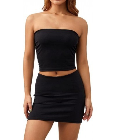 Women Sexy Two Piece Skirt Sets Strapless Hollow Out Tube Tops Bodycon Mini Skirts Night Party Club Outfit A1- Black $10.25 S...