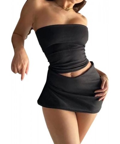 Women Sexy Two Piece Skirt Sets Strapless Hollow Out Tube Tops Bodycon Mini Skirts Night Party Club Outfit A1- Black $10.25 S...