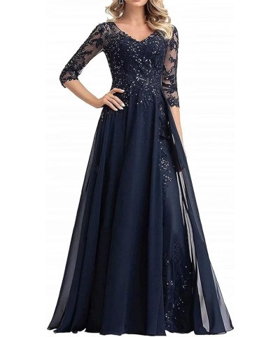 Women's Half Sleeve Appliques Mother of The Bride Dresses Long V Neck Mother of Groom Dresses with Sequins for Mom Navy Blue ...