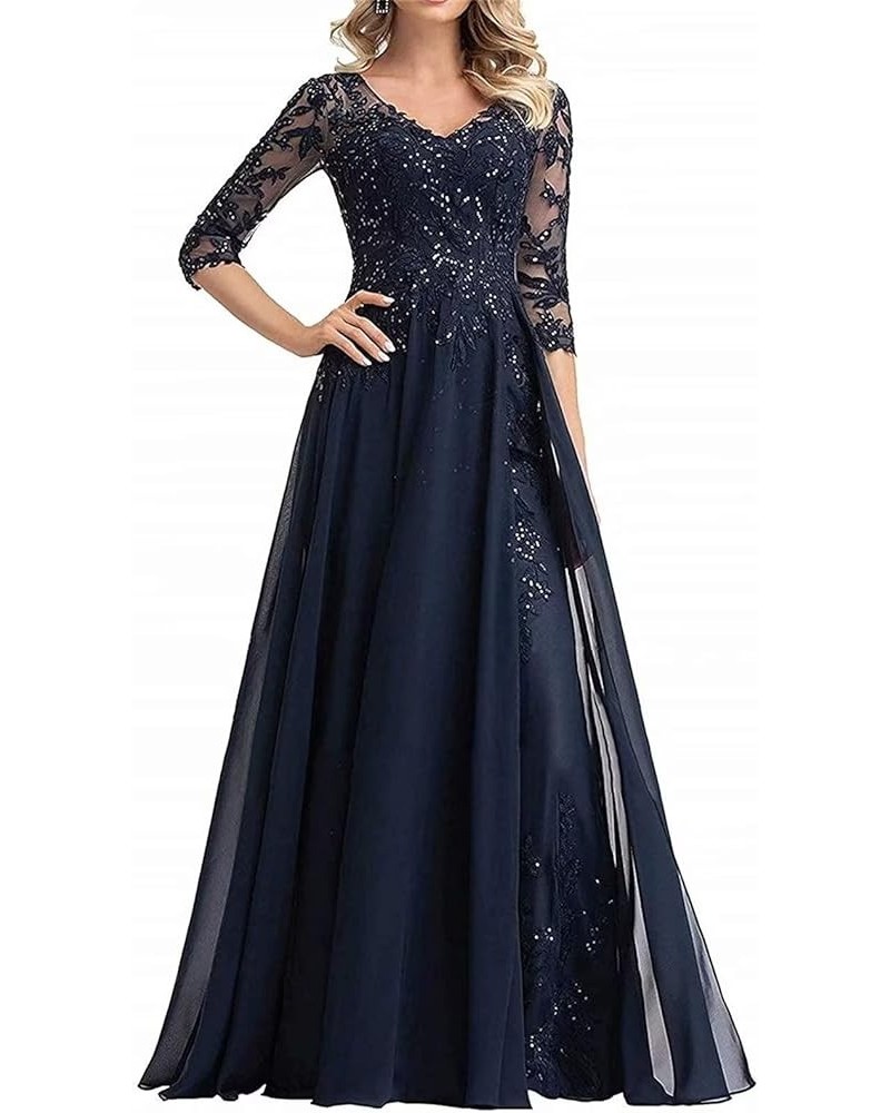 Women's Half Sleeve Appliques Mother of The Bride Dresses Long V Neck Mother of Groom Dresses with Sequins for Mom Navy Blue ...