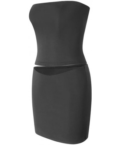 Women Sexy Two Piece Skirt Sets Strapless Hollow Out Tube Tops Bodycon Mini Skirts Night Party Club Outfit A1- Black $10.25 S...