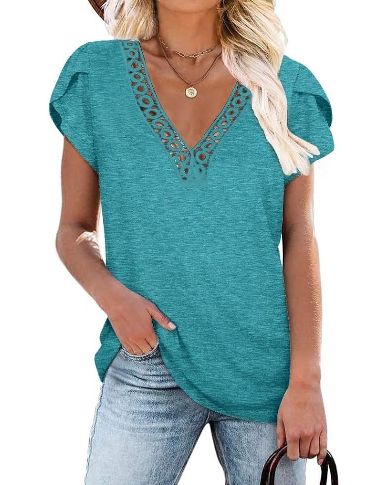 Women's Short Petal Sleeve Shirts V Neck Lace T Shirt Loose Fit Tops Blue $16.17 Tops