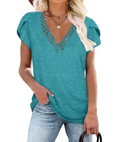 Women's Short Petal Sleeve Shirts V Neck Lace T Shirt Loose Fit Tops Blue $16.17 Tops