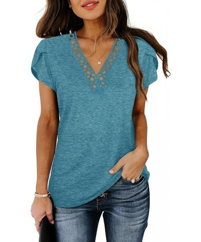 Women's Short Petal Sleeve Shirts V Neck Lace T Shirt Loose Fit Tops Blue $16.17 Tops