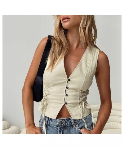 Women Vintage Y2K Denim Vest Sleeveless V Neck Button Down Cropped Jean Waistcoat Vest Retro Streetwear Tank Top R-apricot $1...