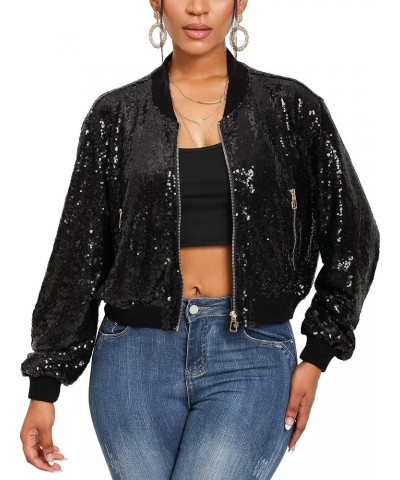 Women Sequin Jacket Long Sleeve Front Zip Bomber Sparkly Jacket with Ribbed Cuffs Black $23.97 Jackets