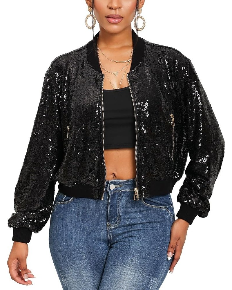 Women Sequin Jacket Long Sleeve Front Zip Bomber Sparkly Jacket with Ribbed Cuffs Black $23.97 Jackets