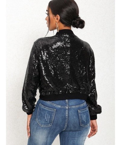 Women Sequin Jacket Long Sleeve Front Zip Bomber Sparkly Jacket with Ribbed Cuffs Black $23.97 Jackets