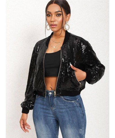 Women Sequin Jacket Long Sleeve Front Zip Bomber Sparkly Jacket with Ribbed Cuffs Black $23.97 Jackets