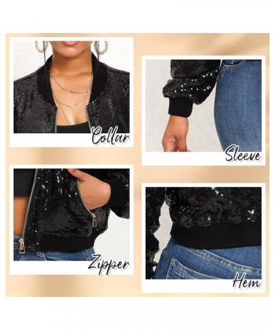 Women Sequin Jacket Long Sleeve Front Zip Bomber Sparkly Jacket with Ribbed Cuffs Black $23.97 Jackets