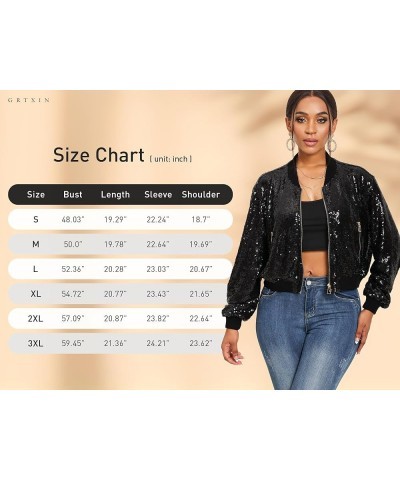 Women Sequin Jacket Long Sleeve Front Zip Bomber Sparkly Jacket with Ribbed Cuffs Black $23.97 Jackets