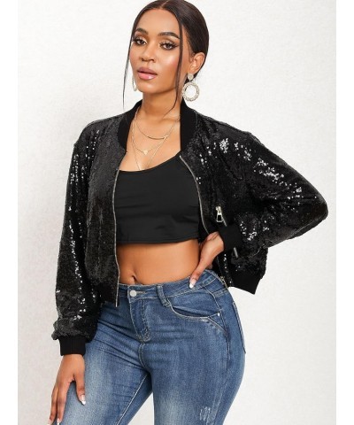 Women Sequin Jacket Long Sleeve Front Zip Bomber Sparkly Jacket with Ribbed Cuffs Black $23.97 Jackets