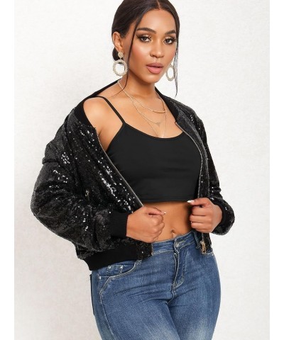 Women Sequin Jacket Long Sleeve Front Zip Bomber Sparkly Jacket with Ribbed Cuffs Black $23.97 Jackets