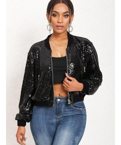 Women Sequin Jacket Long Sleeve Front Zip Bomber Sparkly Jacket with Ribbed Cuffs Black $23.97 Jackets