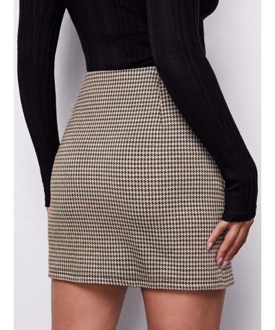 Women's Elegant High Waist Slit Hem Houndstooth Print Bodycon Mini Skirt Brown $13.74 Skirts