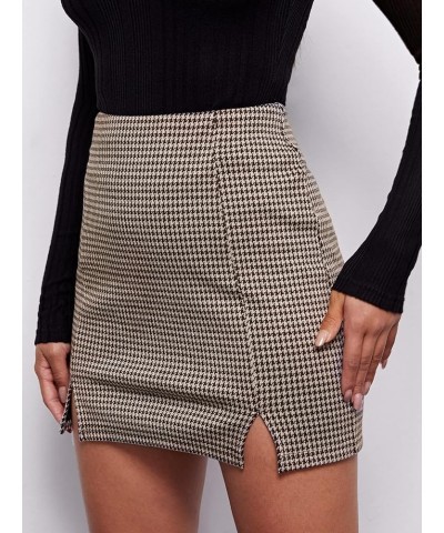 Women's Elegant High Waist Slit Hem Houndstooth Print Bodycon Mini Skirt Brown $13.74 Skirts