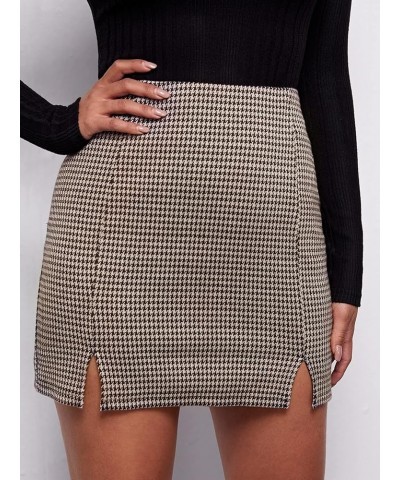 Women's Elegant High Waist Slit Hem Houndstooth Print Bodycon Mini Skirt Brown $13.74 Skirts