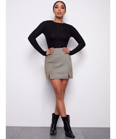 Women's Elegant High Waist Slit Hem Houndstooth Print Bodycon Mini Skirt Brown $13.74 Skirts