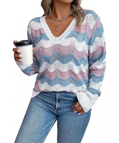 Women's Plus Size Chevron Pattern Long Sleeve Sweater V Neck Casual Lightweight Fall Tops White Blue $16.82 Sweaters