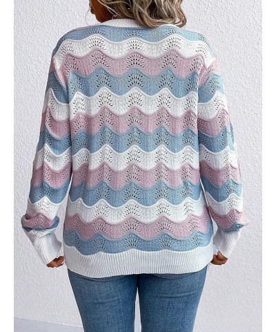 Women's Plus Size Chevron Pattern Long Sleeve Sweater V Neck Casual Lightweight Fall Tops White Blue $16.82 Sweaters