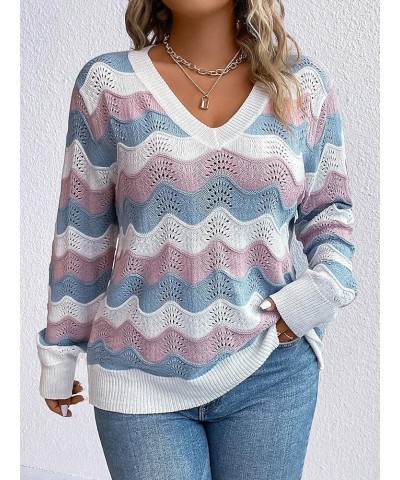 Women's Plus Size Chevron Pattern Long Sleeve Sweater V Neck Casual Lightweight Fall Tops White Blue $16.82 Sweaters