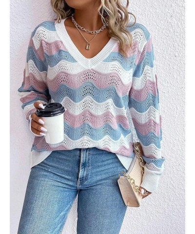 Women's Plus Size Chevron Pattern Long Sleeve Sweater V Neck Casual Lightweight Fall Tops White Blue $16.82 Sweaters