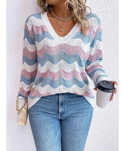 Women's Plus Size Chevron Pattern Long Sleeve Sweater V Neck Casual Lightweight Fall Tops White Blue $16.82 Sweaters