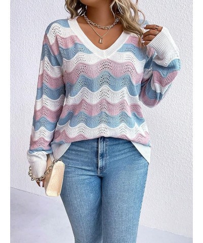 Women's Plus Size Chevron Pattern Long Sleeve Sweater V Neck Casual Lightweight Fall Tops White Blue $16.82 Sweaters