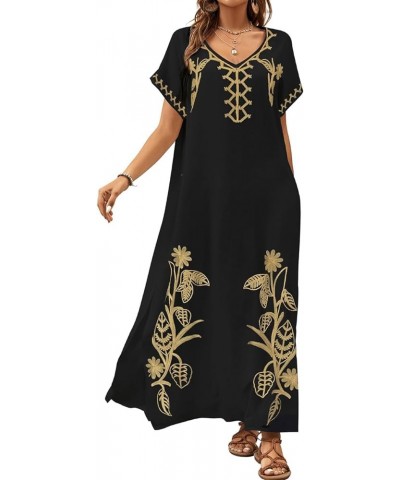 Embroidered Kaftan Dresses for Women Swimsuit Cover Ups Beach Caftan Maxi Dress A-black $20.64 Swimsuits