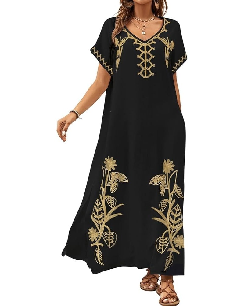 Embroidered Kaftan Dresses for Women Swimsuit Cover Ups Beach Caftan Maxi Dress A-black $20.64 Swimsuits