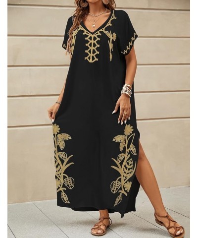 Embroidered Kaftan Dresses for Women Swimsuit Cover Ups Beach Caftan Maxi Dress A-black $20.64 Swimsuits