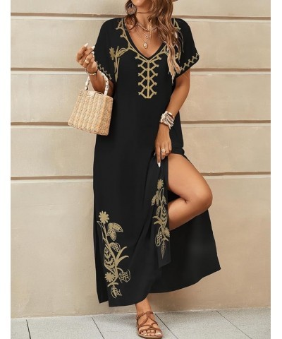 Embroidered Kaftan Dresses for Women Swimsuit Cover Ups Beach Caftan Maxi Dress A-black $20.64 Swimsuits