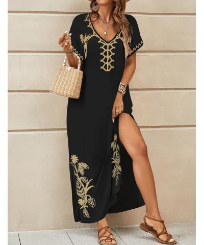 Embroidered Kaftan Dresses for Women Swimsuit Cover Ups Beach Caftan Maxi Dress A-black $20.64 Swimsuits