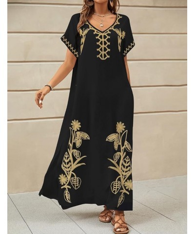 Embroidered Kaftan Dresses for Women Swimsuit Cover Ups Beach Caftan Maxi Dress A-black $20.64 Swimsuits