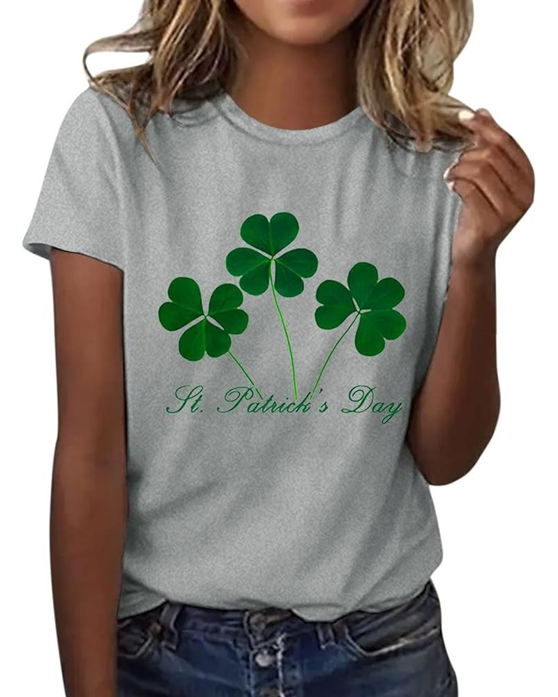 2024 St Patricks Day Shirt for Women Lucky Green Shamrock Irish T-Shirts Crewneck Cute Funny Clover Print Tee Tops 7-grey $10...