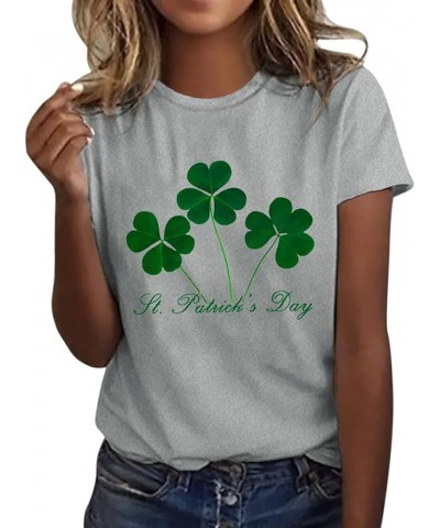 2024 St Patricks Day Shirt for Women Lucky Green Shamrock Irish T-Shirts Crewneck Cute Funny Clover Print Tee Tops 7-grey $10...