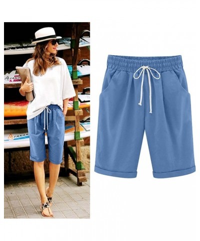 Women's Solid Color Summer Shorts Drawstring Elastic Waist Long Shorts Vacation Trendy Bermuda Shorts with Pockets Blue 1 $6....