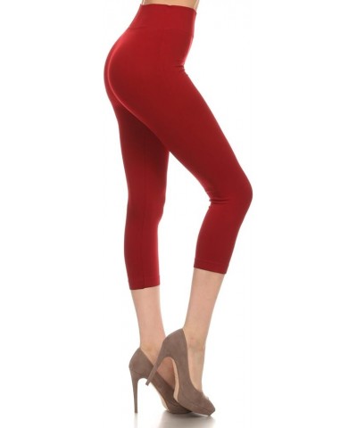 Women's Solid Color Seamless Capri Leggings Burgundy $9.00 Leggings