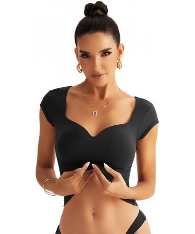 Women Sweetheart Neckline Top Double Lined Short Sleeve T Shirts Crop Tops Black $14.57 T-Shirts