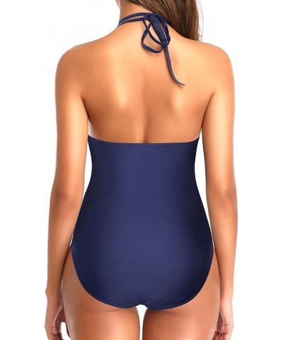 Women One Piece Swimsuit Tummy Control Halter Bathing Suit Sexy Plunge V Neck Swimwear Navy Blue $20.39 Swimsuits