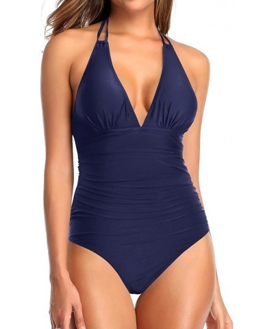 Women One Piece Swimsuit Tummy Control Halter Bathing Suit Sexy Plunge V Neck Swimwear Navy Blue $20.39 Swimsuits