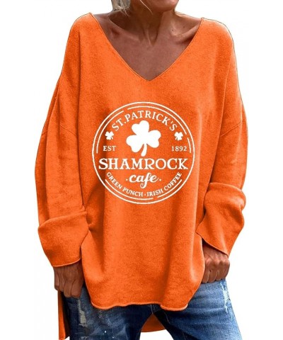 St Patricks Day Shirt Women's St. Day Letter Print V Neck Long Sleeved Loose Casual and Comfortable T Shirt Top A1-orange $5....