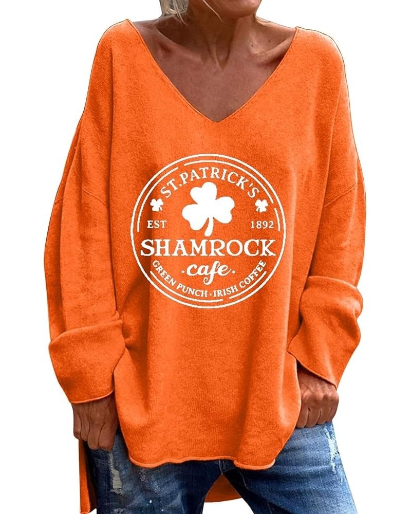 St Patricks Day Shirt Women's St. Day Letter Print V Neck Long Sleeved Loose Casual and Comfortable T Shirt Top A1-orange $5....