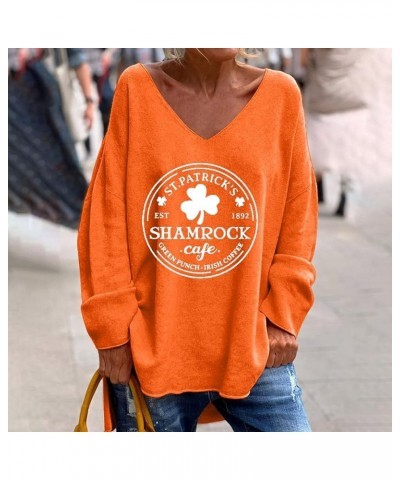 St Patricks Day Shirt Women's St. Day Letter Print V Neck Long Sleeved Loose Casual and Comfortable T Shirt Top A1-orange $5....