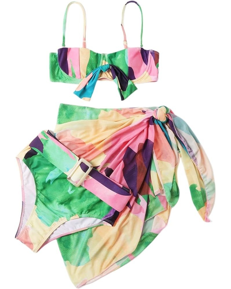 Women's 3 Piece Graphic Belted Bikini Set Swimsuit and Cover Up Beach Skirt Green $14.99 Swimsuits