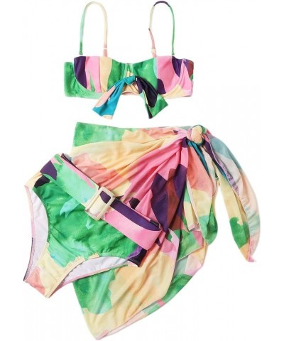 Women's 3 Piece Graphic Belted Bikini Set Swimsuit and Cover Up Beach Skirt Green $14.99 Swimsuits