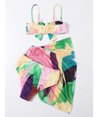 Women's 3 Piece Graphic Belted Bikini Set Swimsuit and Cover Up Beach Skirt Green $14.99 Swimsuits